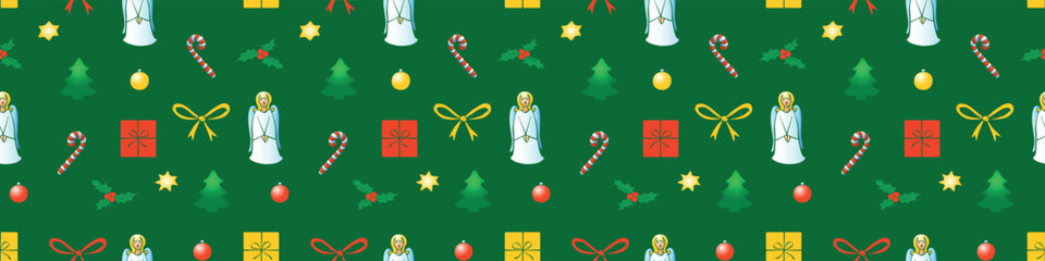 Vector seamless pattern of festive symbols - figures of Christmas trees, singing angels, holly berries, presents, candy canes in flat style. Bright background, texture on theme New Year, xmas.