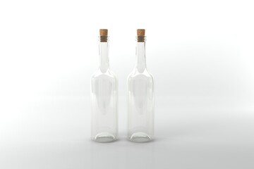 Two empty glass bottles with corks on white background, perfect for design concepts and messages