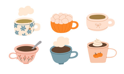 Set of cute autumn mugs with coffee, cocoa with marshmallow and tea. Cozy fall cups. Warm seasonal drinks, hygge vibes. Vector flat illustration.