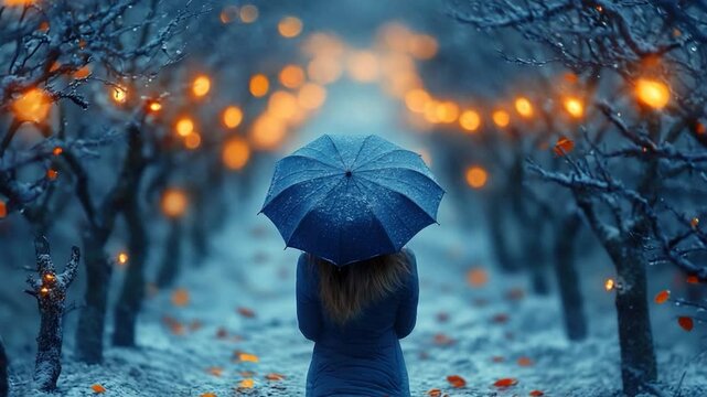 A woman standing in a snowy forest, holding an umbrella for protection from the snow