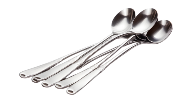 Overhead shot of five shiny metal spoons isolated on transparent background, perfect for tea or coffee