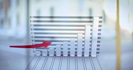 Animated 3D bar graph showing increasing values and a red arrow pointing up for market growth - Powered by Adobe
