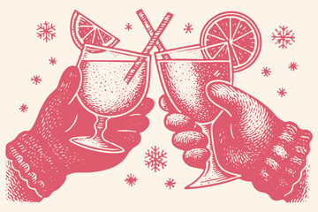 Hands in mittens toasting with festive cocktails on a snowy background. Vector illustration in a retro, hand-drawn woodcut or linocut print style.