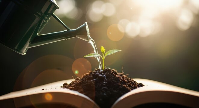 Green watering can pouring water on seedling growing from open book plant