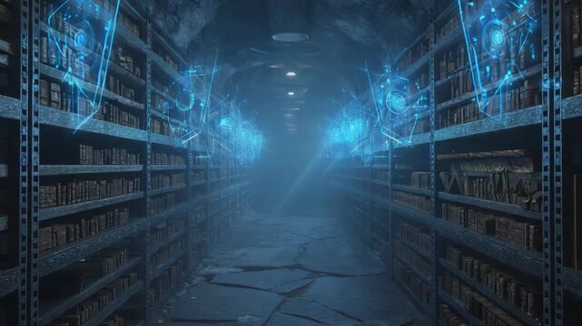 Ancient library tunnel with shelves full of books and glowing blue futuristic holographic interfaces