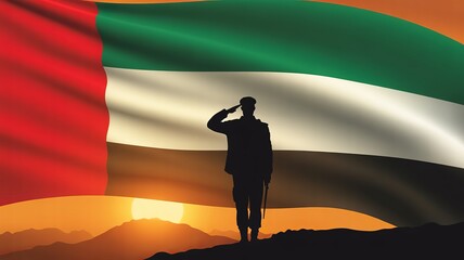 Saluting UAE soldier at sunset with large national flag, silhouette and golden horizon, tribute to heroism