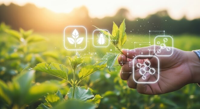 Hand holding plant with digital icons of leaf bug and molecules agriculture technology