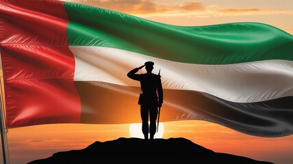 Saluting UAE soldier at sunset with large national flag, silhouette and golden horizon, tribute to heroism