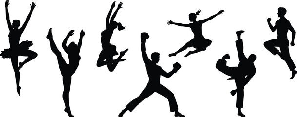 Dynamic silhouettes of dancers and martial artists in energetic action poses, performing jumps, kicks, and expressive movement