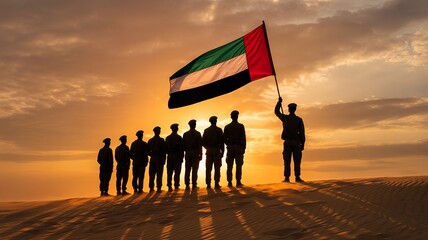 UAE soldiers raising flag at sunset in desert, national unity and honor, Martyr’s Day tribute photograph