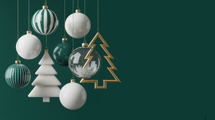 Dark green Christmas background with white, gold and green  hanging ornaments. Space for text. 