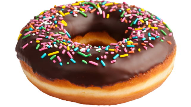 Delicious chocolate donut with colorful sprinkles isolated on transparent background, a sweet treat for any occasion