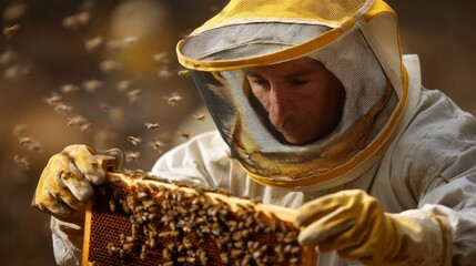Wearing a protective suit and gloves, the beekeeper carefully inspects a frame filled with busy bees. The outdoor setting is bright and sunny, showcasing nature's vibrant activity