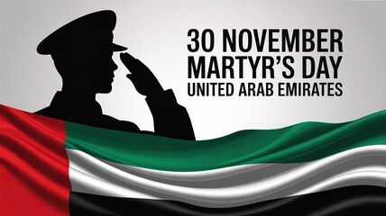 30 November UAE Martyr’s Day – saluting soldier with waving national flag, remembrance and honor