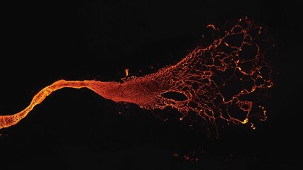 Aerial view of a river of molten lava flowing through the dark landscape, creating a stark contrast of fiery orange against the black, Reykjanes, Grindavikurbaer, Iceland. - Powered by Adobe