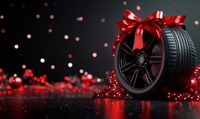 Automotive tire rim presenting as a christmas or new year's gift, accented with red bow, tinsel, and festive lights