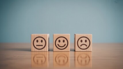 Three wooden blocks displaying different facial expressions are lined up on a polished surface against a muted background
