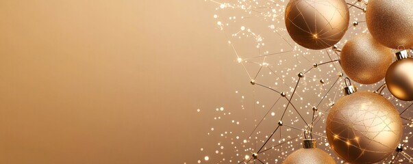Golden christmas baubles creating a festive border on a sparkling network background, offering space for text