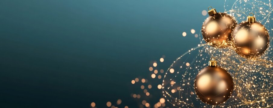 Golden christmas ornaments hanging with glistening magical bokeh lights and festive digital network on dark background