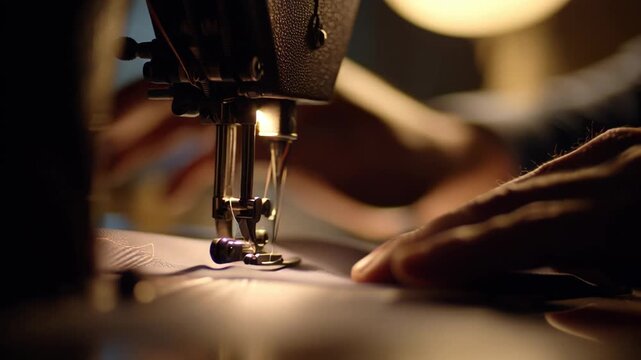 Close-up of a tailor's hands guiding fabric through a sewing machine needle, creating a seam.