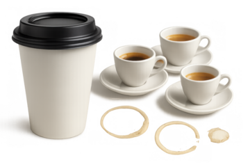 Takeaway paper coffee cup and three espresso cups with saucers, including coffee stains on transparent background