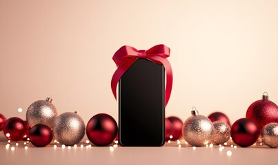 Smartphone wrapped with a red ribbon, standing among festive christmas and new year ornaments with twinkling lights, ready for celebration