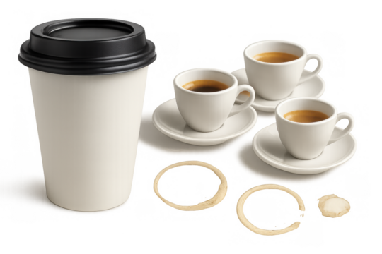 Takeaway paper coffee cup and three espresso cups with saucers, including coffee stains on transparent background - Powered by Adobe