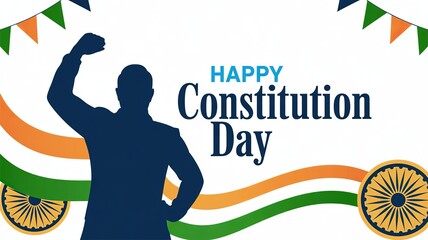 Happy Constitution Day – Ambedkar silhouette, Indian tricolor wave, Ashoka Chakra corner decoration, vibrant equality theme