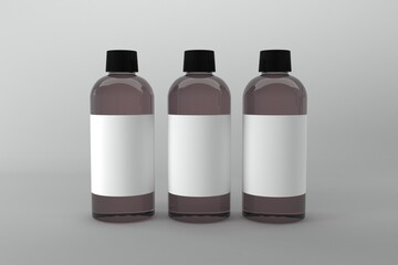 Cosmetic bottles mockup with blank labels for branding or product packaging in a studio setting