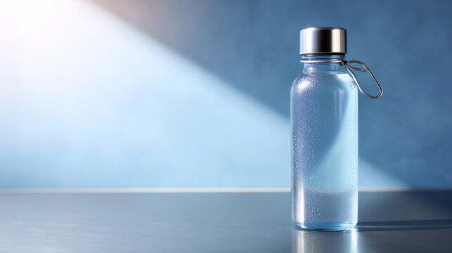 Clear glass water bottle with metal cap standing on reflective surface with soft blue background and natural light