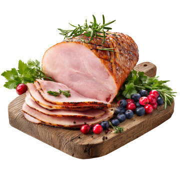 Glazed ham roast on cutting board with berries and rosemary