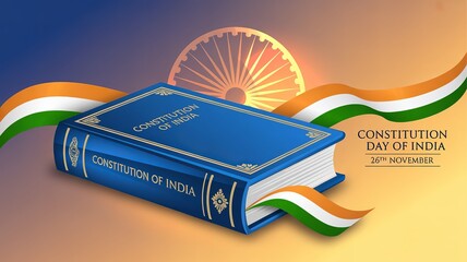 Constitution Day of India – blue book, orange curtains, tricolor ribbon, and Ashoka Chakra celebrating November 26 