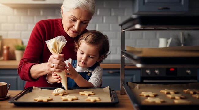 Grandmother and granddaughter decorating Christmas cookies together
Description: Elderly grandmother in red sweater and young granddaughter use piping bags to decorate star-shaped cookies with white c
