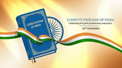 Constitution Day of India – blue constitution book, tricolor ribbon, Ashoka Chakra and golden sunrise, November 26 celebration