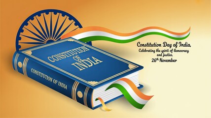 Constitution Day of India – blue constitution book, tricolor ribbon, Ashoka Chakra and golden sunrise, November 26 celebration
