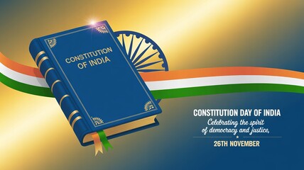 Constitution Day of India – blue constitution book, tricolor ribbon, Ashoka Chakra and golden sunrise, November 26 celebration