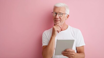 Thoughtful senior man with glasses holding tablet on pink background - Powered by Adobe