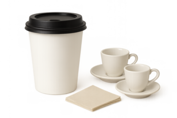 Disposable coffee cup with black lid, two small espresso cups, and stacked napkins on transparent background