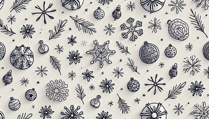 Whimsical Christmas background with hand-drawn ornaments and snowflakes on light beige backdrop