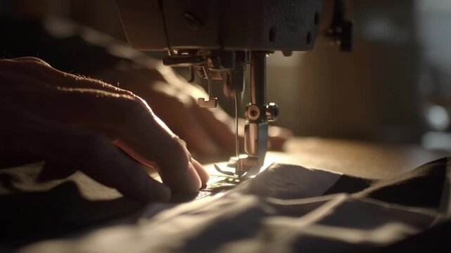 Seamstress using a sewing machine to stitch striped fabric in a sunlit workshop.
