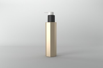 Elegant gold cosmetic bottle with pump dispenser, perfect for beauty product branding and design