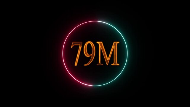Abstract Glowing Neon Light 79 Millions Letter Icon Animation. Glowing sign effect florescent text for social media follow subscription motion.