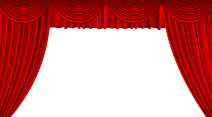 A red stage curtain is opening, the top edge is long and separated. Velvet curtain for a movie, concert or theater scene. PNG transparent.