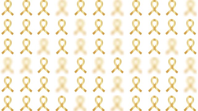 Golden glossy satin ribbon pattern seamless loop animation for Childhood Cancer Awareness month, animated gold yellow ribbon bow sign symbol random blurred popup video motion graphics, motif backgroun