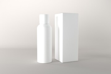 Sleek white cosmetic bottle and box on neutral backdrop perfect for modern beauty or healthcare branding needs