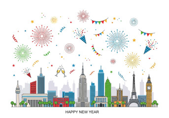 Happy New Year Celebration with City Skyline and Fireworks.