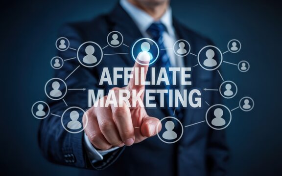 Businessman interacts with a digital representation of a networked affiliate marketing concept