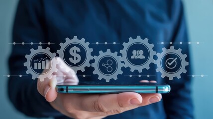 Digital process management interface displayed over a handheld smart device by a professional