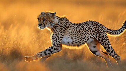A cheetah is running through the tall grass in the golden light of the setting sun, creating a stunning and dynamic wildlife scene 4k video - Powered by Adobe