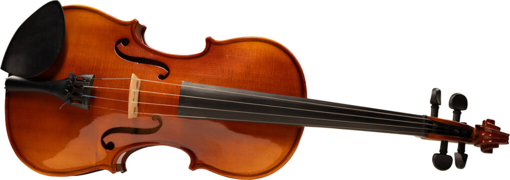 Horizontal violin lying flat with full body visible on transparent background. Concept of educational visuals, product catalogs, classical music branding and studio promotional content.